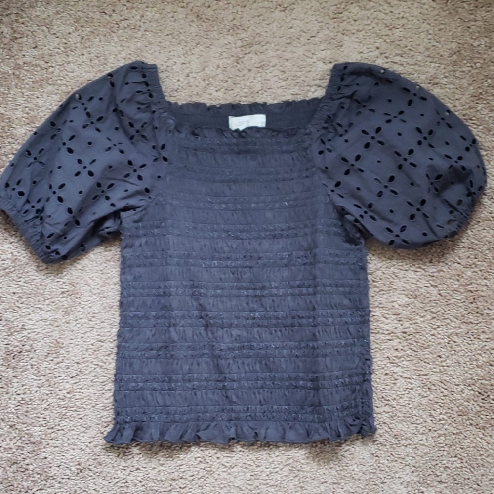 LOFT Petite Eyelet Smocked Puff Sleeve Top